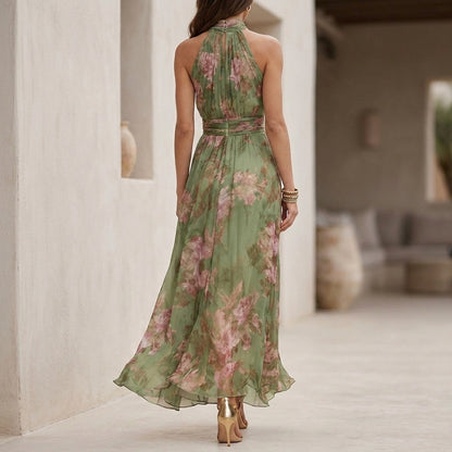 Ethereal Halter-Neck Maxi Dress with Pleated Bodice and Flowing Silhouette