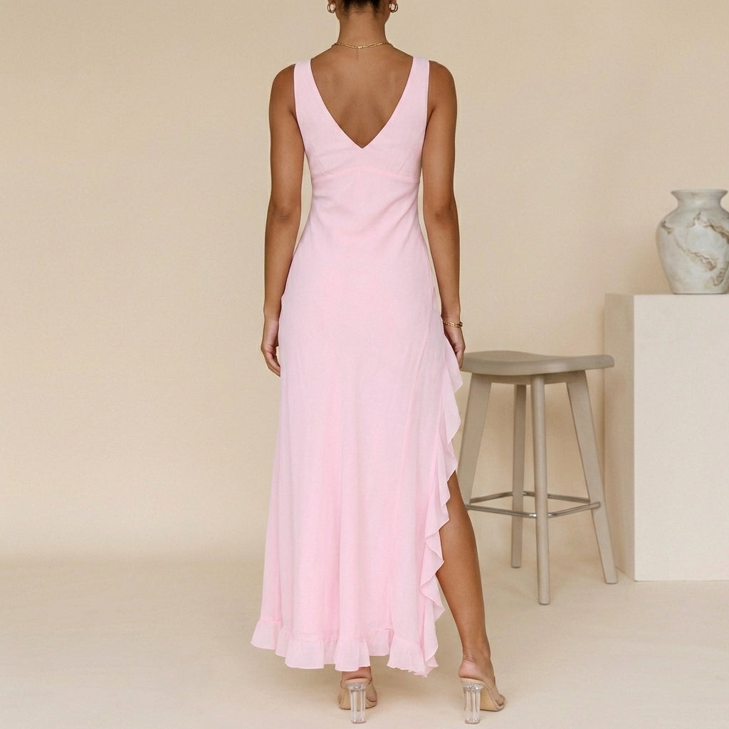 Flowing Chiffon Maxi Dress with Ruched Bodice and Ruffled Slit