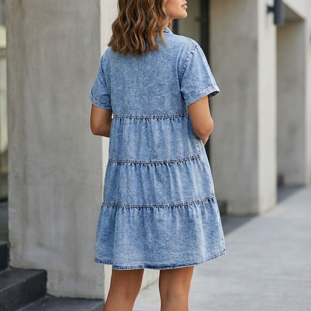 Washed Woven Ruffled Mini Shirt Dress with Babydoll Silhouette