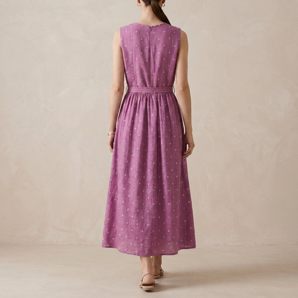 Dusty Rose Polka Dot Midi Dress with Elegant Tie Waist