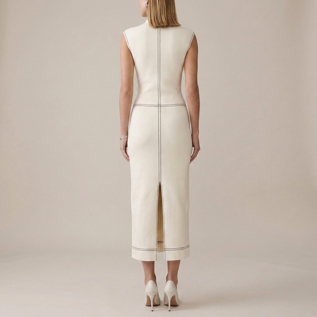 Structured Ribbed Midi Dress with Geometric Piping