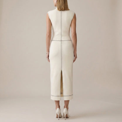 Structured Ribbed Midi Dress with Geometric Piping