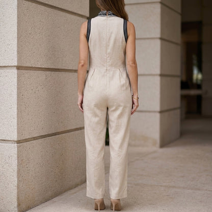 Relaxed Wide-Leg Sleeveless Jumpsuit with Embroidered Stand Collar