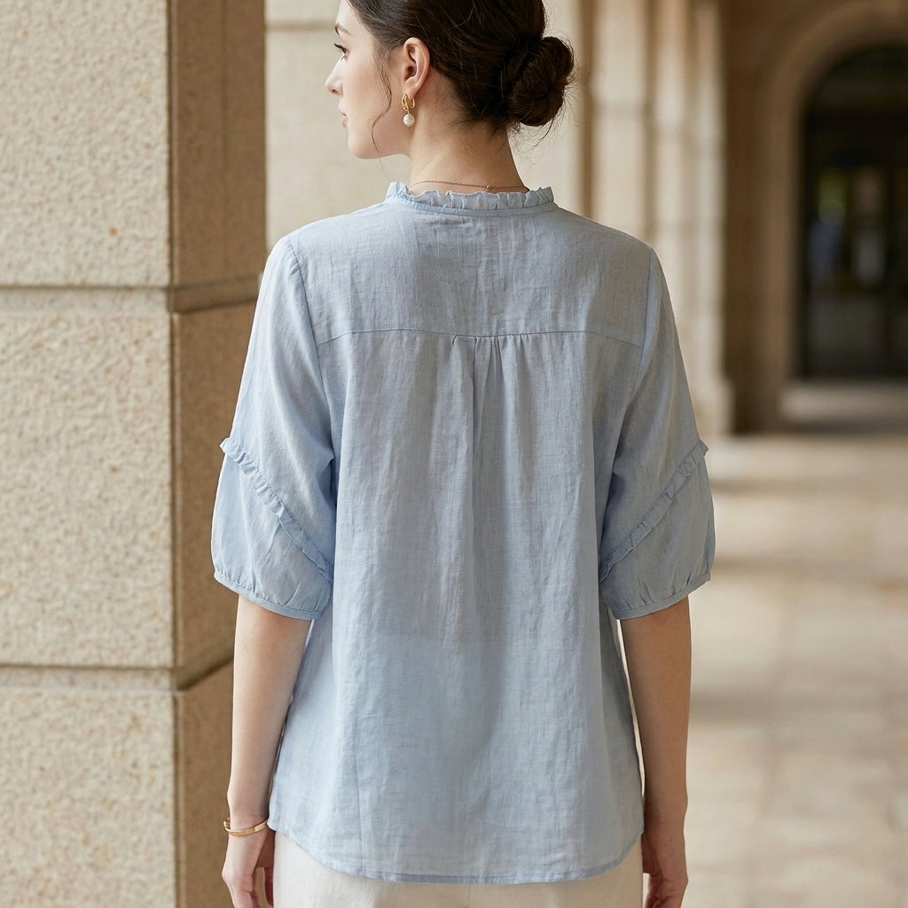 Relaxed Embroidered Button-Up Blouse with Ruffle Trim