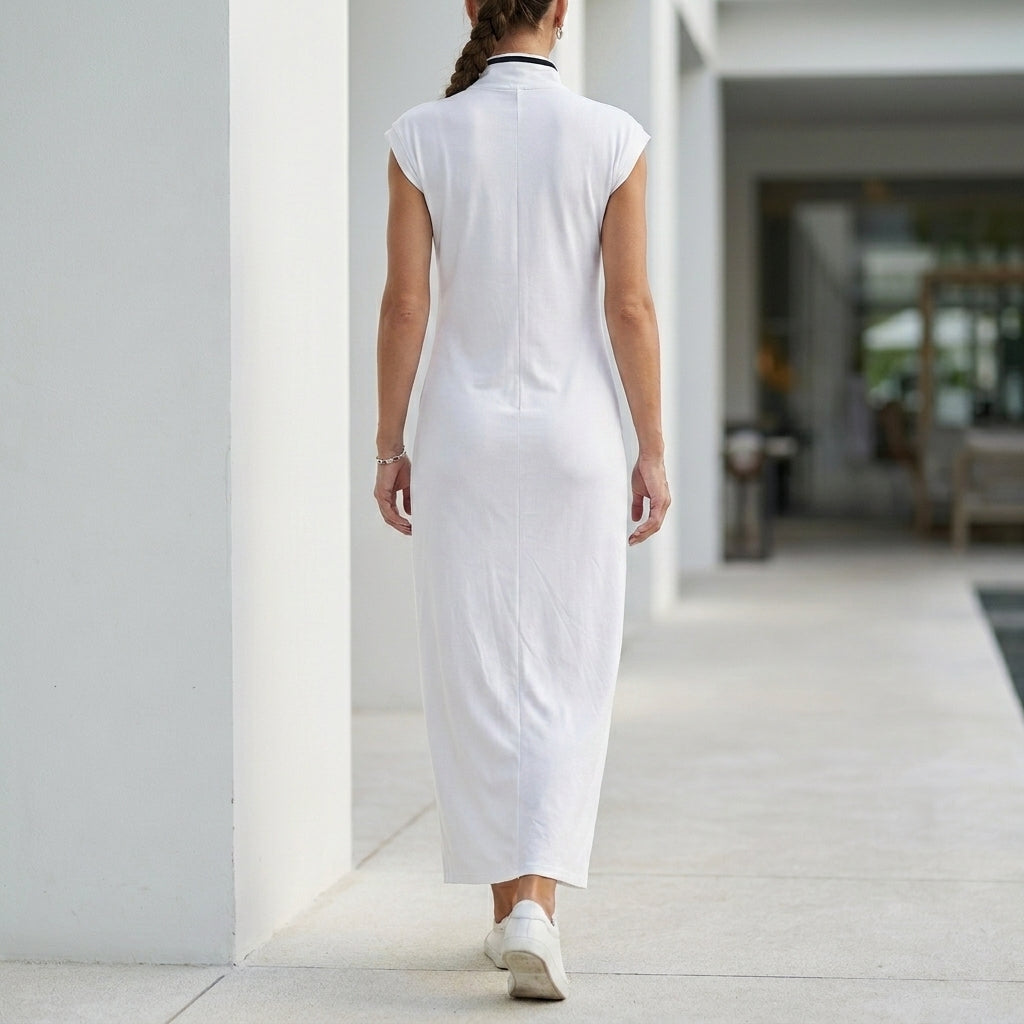 Sleeveless Henley Maxi Dress with Streamlined Side Stripes