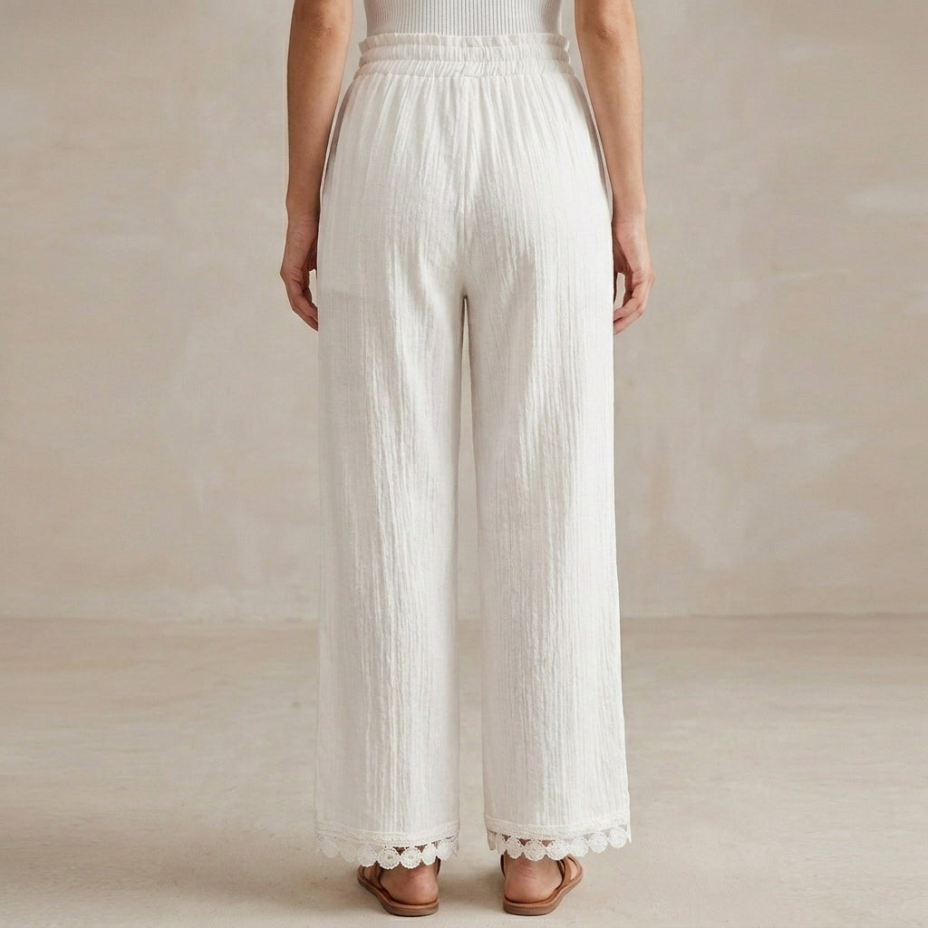 High-Waisted Breezy Woven Trousers with Lace-Trimmed Ankle Hem