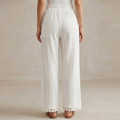 High-Waisted Breezy Woven Trousers with Lace-Trimmed Ankle Hem