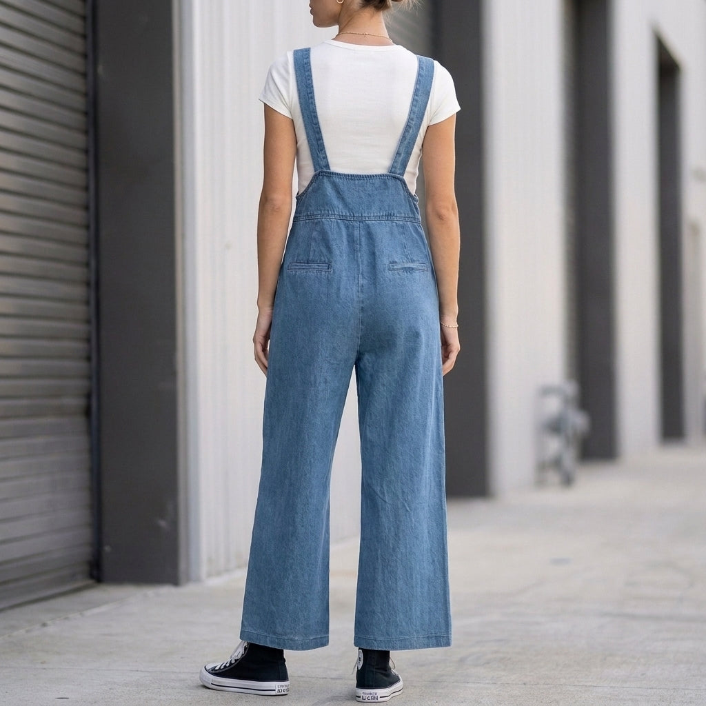 Vintage-Inspired Structured Wide-Leg Denim Overalls with Bib Detail