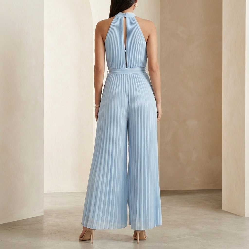 Elegant Pleated Halter Neck Jumpsuit with Flowing Wide Legs