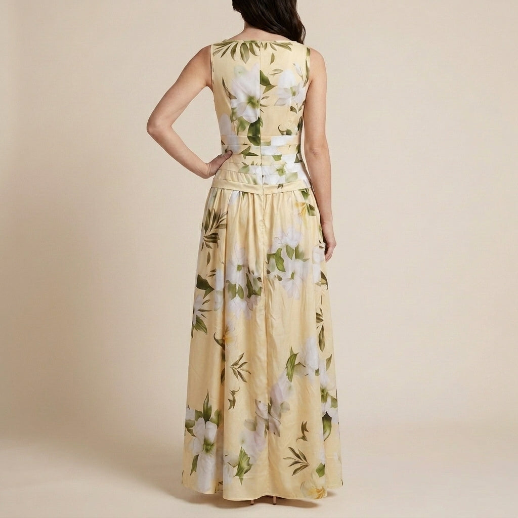 Botanical Print Sleeveless Maxi Dress with Graceful Flow