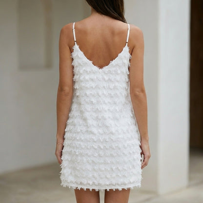 Textured Fringe Slip Mini Dress with Deep V Back