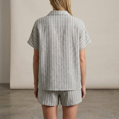 Textured Vertical Stripe Relaxed Two-Piece Shirt and Drawstring Shorts Set