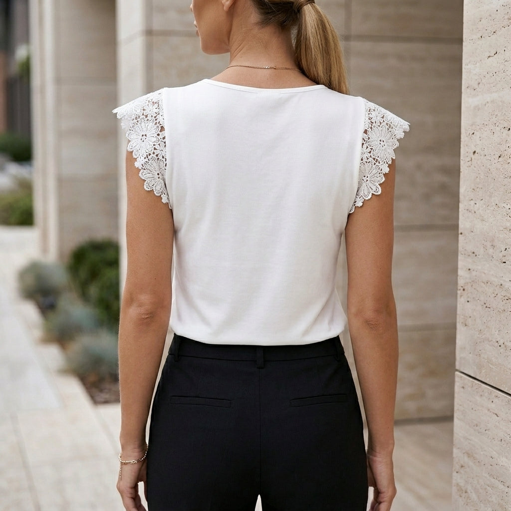 Fitted Deep V-Neck Top with Delicate Floral Lace Cap Sleeves