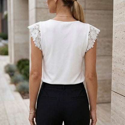 Fitted Deep V-Neck Top with Delicate Floral Lace Cap Sleeves