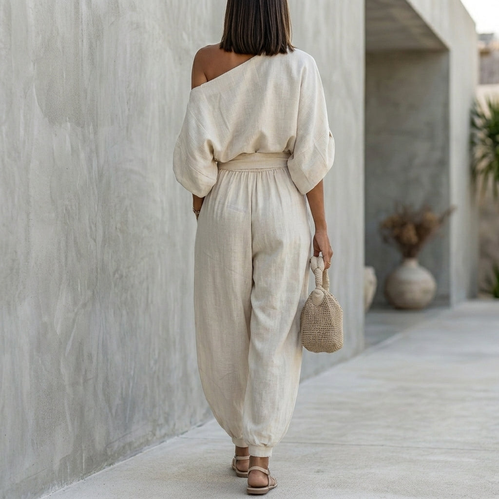 Draped One-Shoulder Top with Voluminous Lantern Pants Set for Resort Chic
