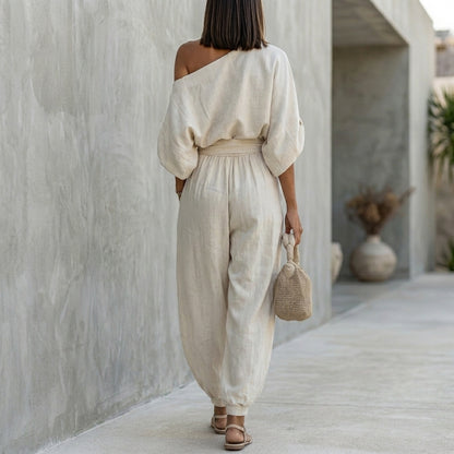 Draped One-Shoulder Top with Voluminous Lantern Pants Set for Resort Chic