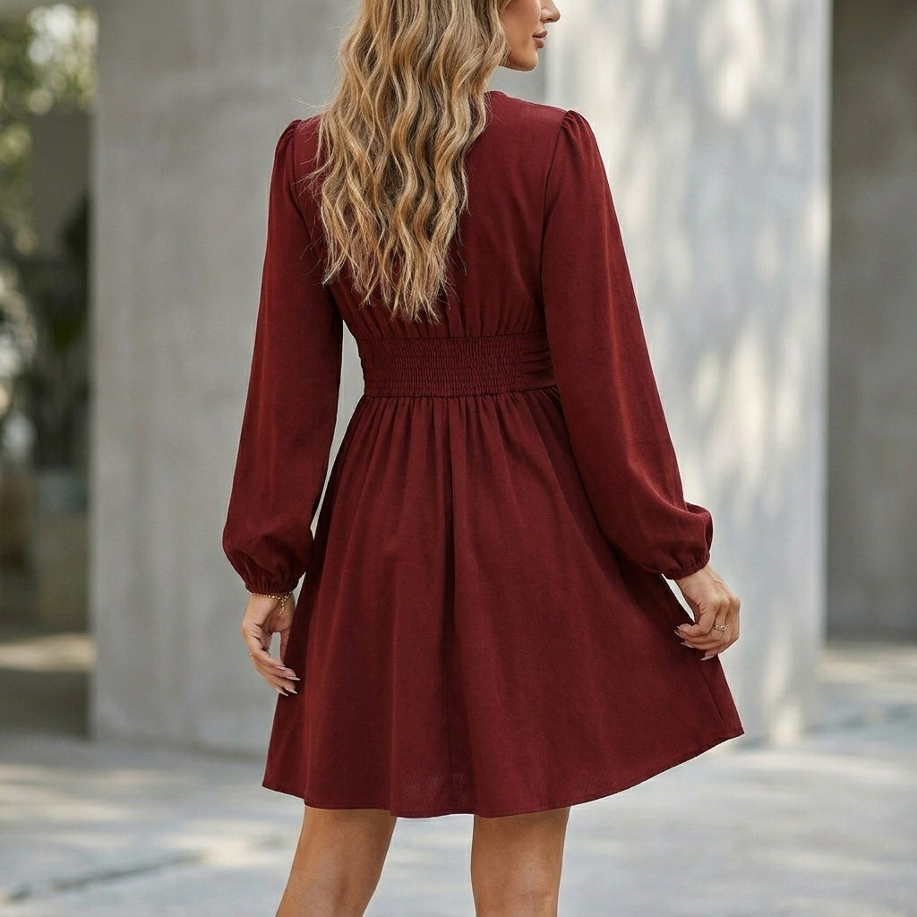 Wrap V-Neck Mini Dress – Bishop Sleeve Flared Skirt