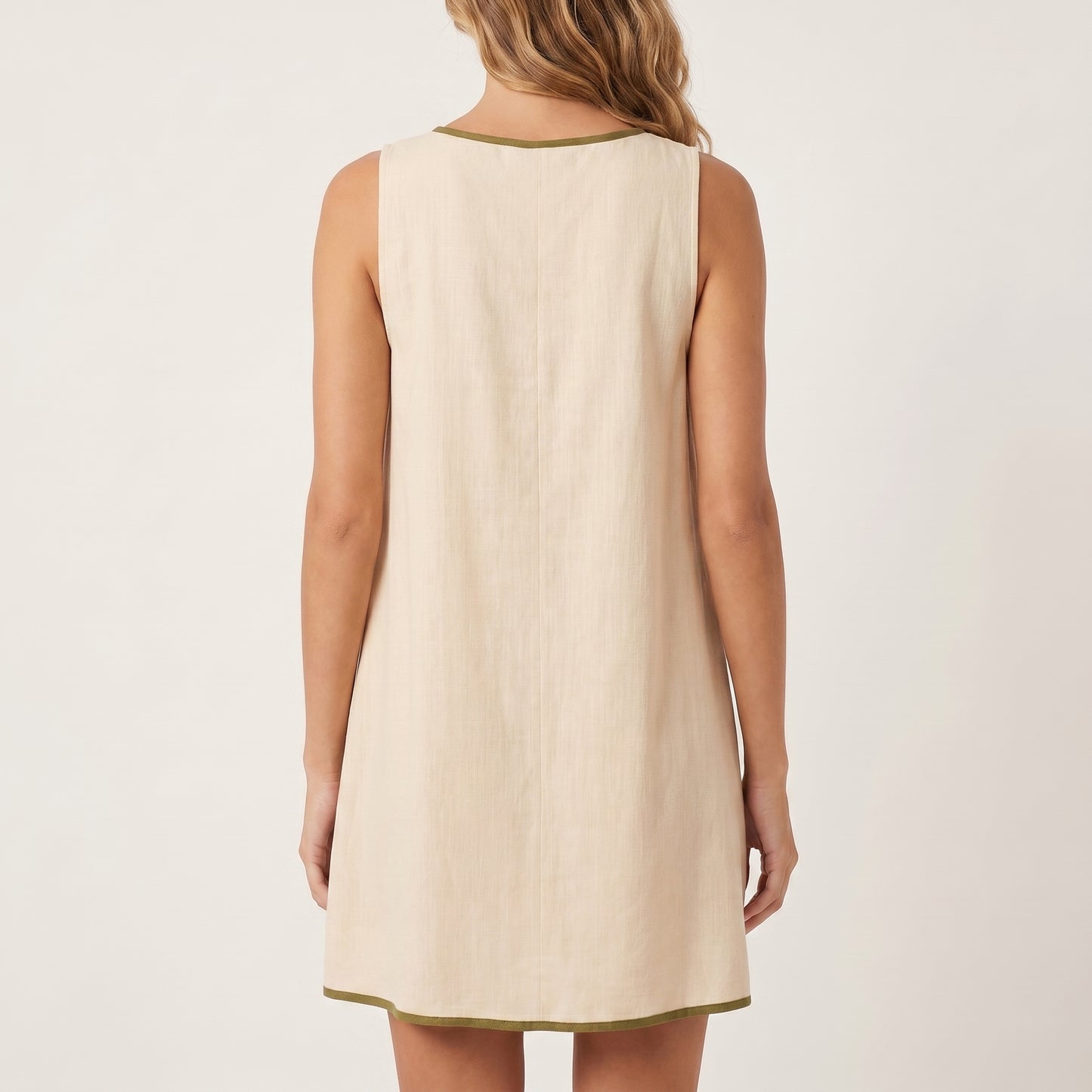 Relaxed Sleeveless Mini Dress with Contrast Trim and Tie Detail