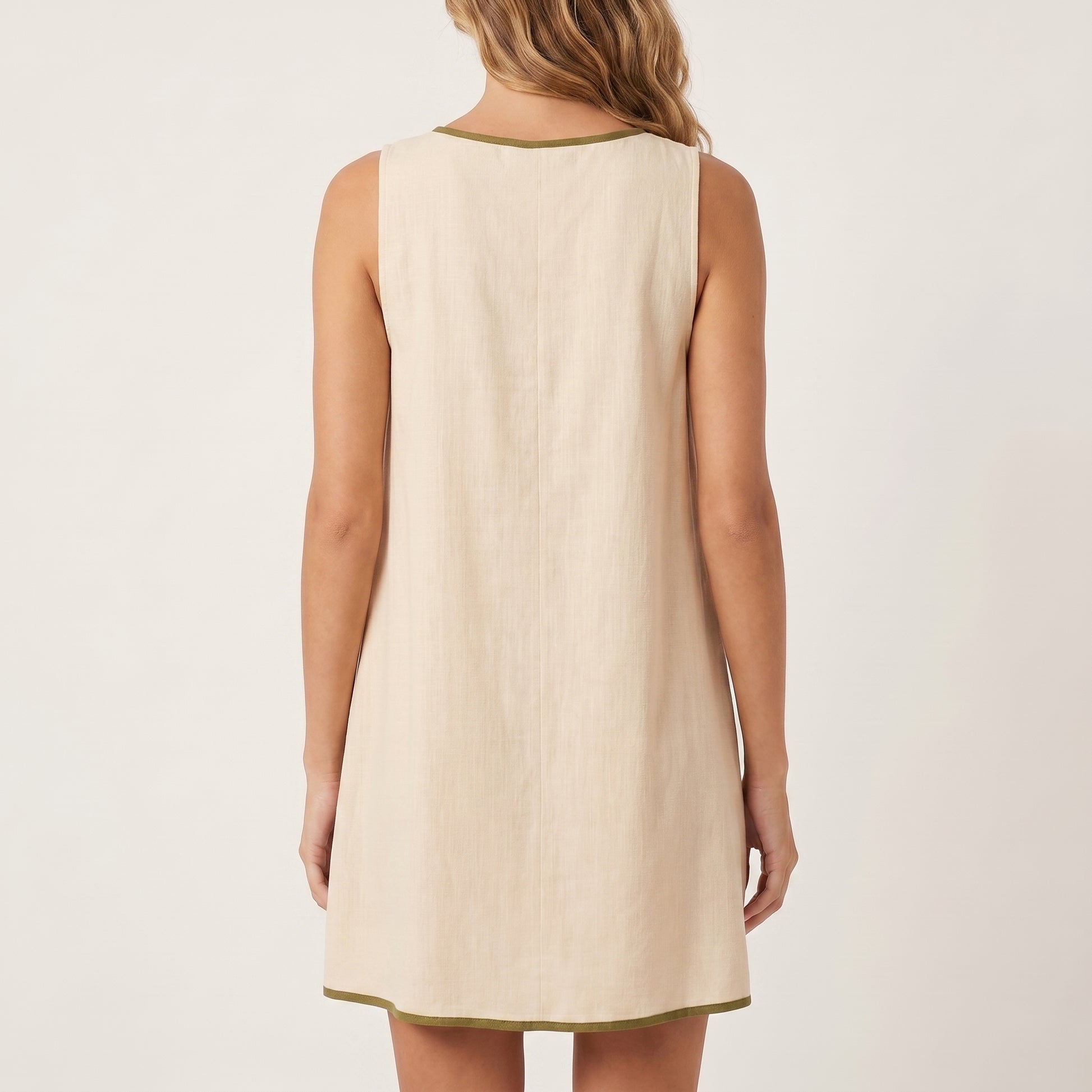 Relaxed Sleeveless Mini Dress with Contrast Trim and Tie Detail