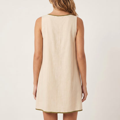 Relaxed Sleeveless Mini Dress with Contrast Trim and Tie Detail