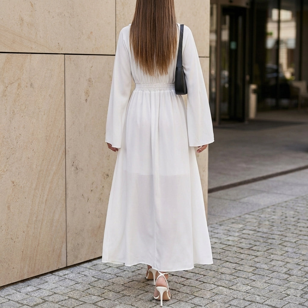 Elegant High-Waisted V-Neck Maxi Dress with Ruffled Trim and Flared Sleeves