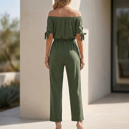 Elegant Off-Shoulder Jumpsuit with Adjustable Waist and Bow-Tie Sleeves