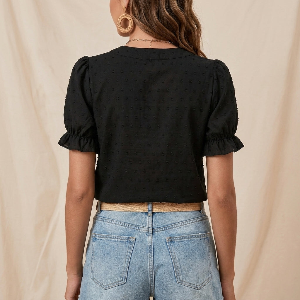 Embroidered Floral Notch Neckline Blouse with Puff Sleeve Detail