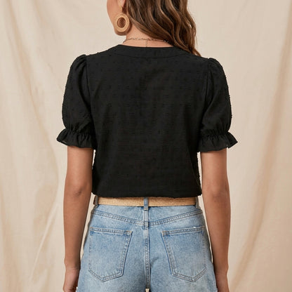 Embroidered Floral Notch Neckline Blouse with Puff Sleeve Detail