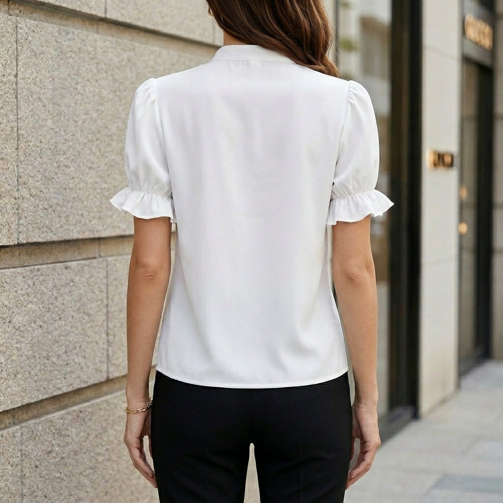 Tailored Stand-Up Collar Shirt with Lace Splicing and Puff Sleeves