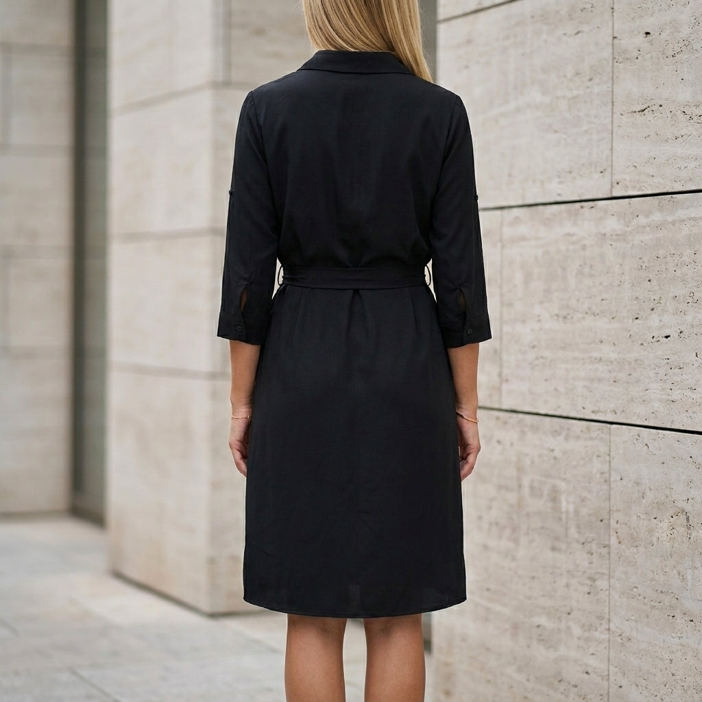 Tailored Knee-Length Shirt Dress with Waist Tie and Side Pockets