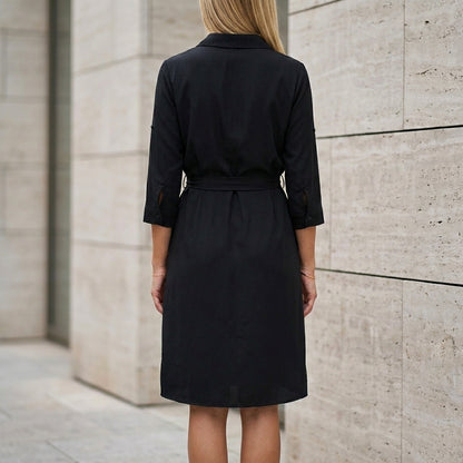 Tailored Knee-Length Shirt Dress with Waist Tie and Side Pockets