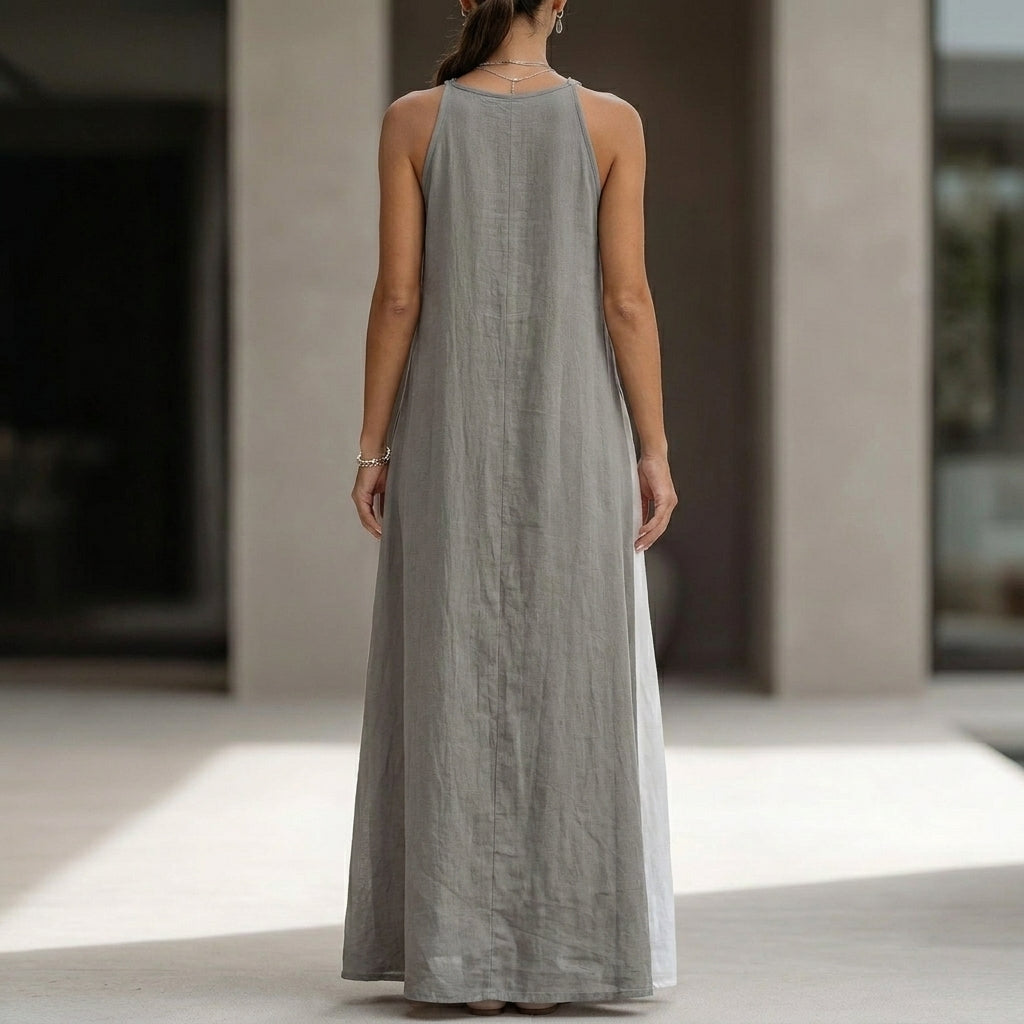 Relaxed Sleeveless Maxi Dress with High Neckline and Side Pockets