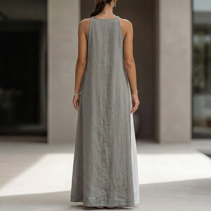 Relaxed Sleeveless Maxi Dress with High Neckline and Side Pockets