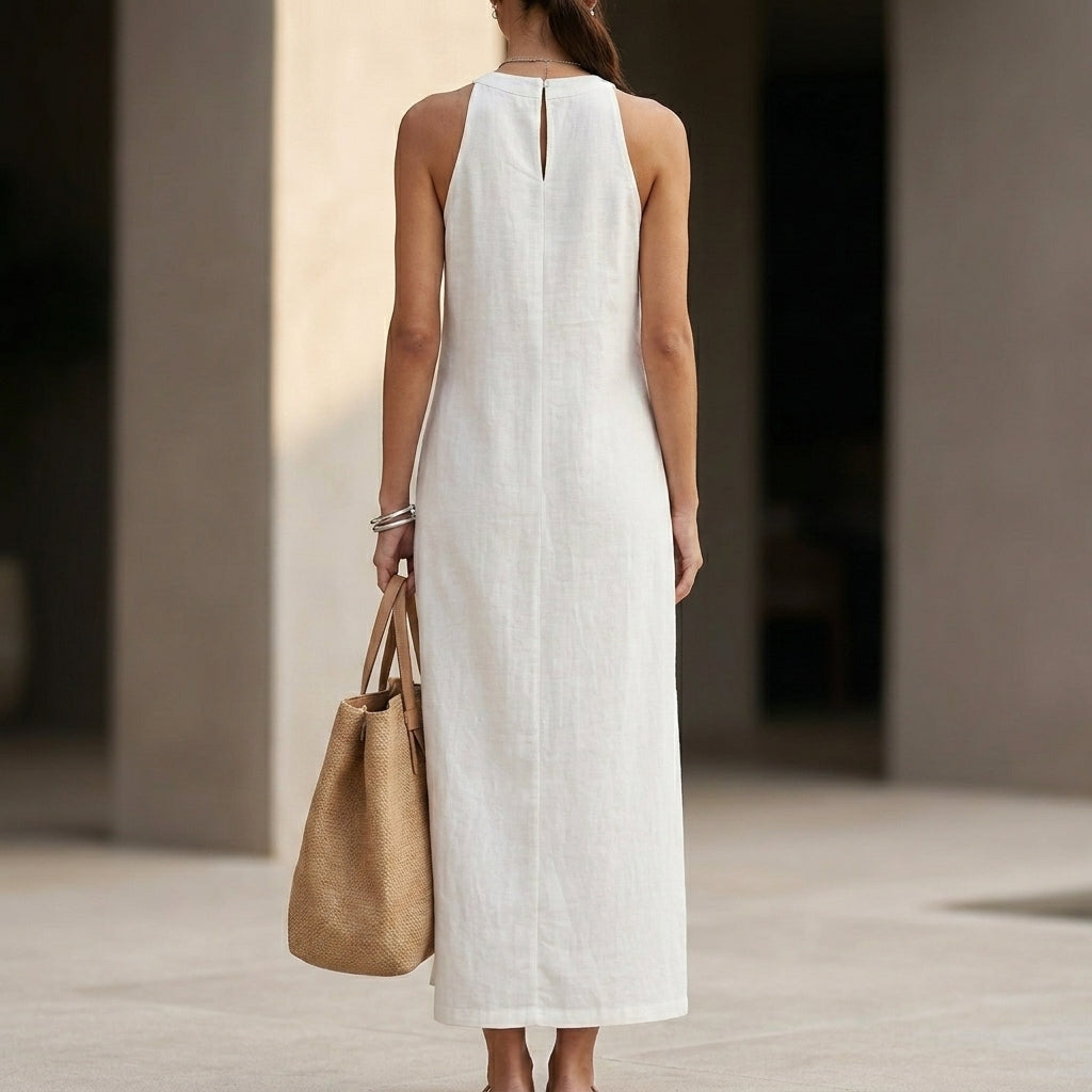Relaxed Sleeveless Maxi Dress with Vertical Embroidered Panels and Side Slits
