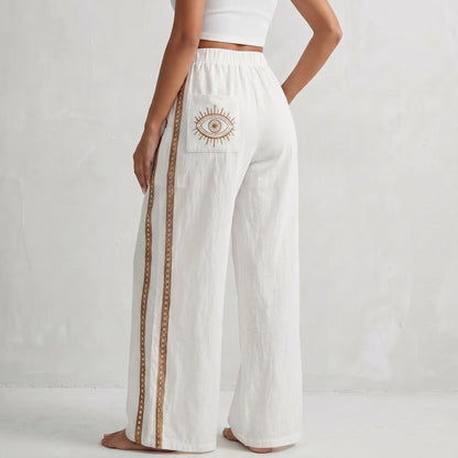 Airy Wide-Leg Trousers with Contrast Eyelet Side Trim