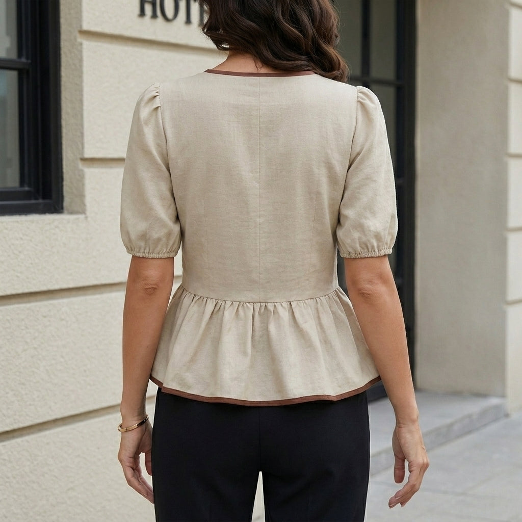 Contrast Bow Peplum Blouse with Puff Sleeves