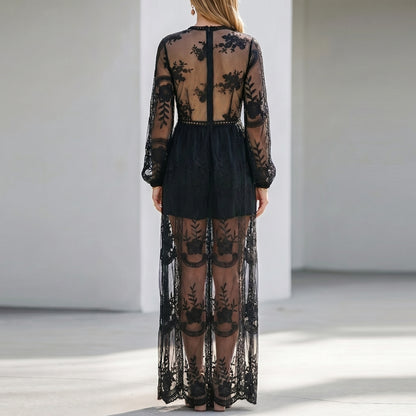 Flowing Boho Lace Maxi Dress with Sheer Balloon Sleeves