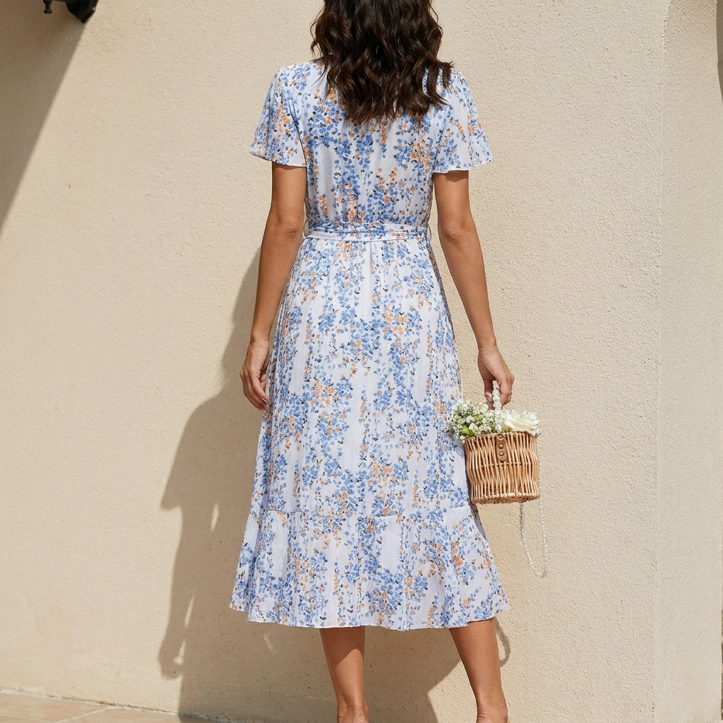 Romantic Floral Wrap Midi Dress with Ruffle Hem