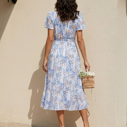 Romantic Floral Wrap Midi Dress with Ruffle Hem