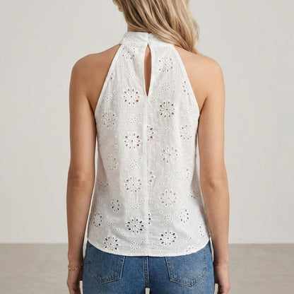 Eyelet Halter Neck Blouse with Keyhole Back Detail