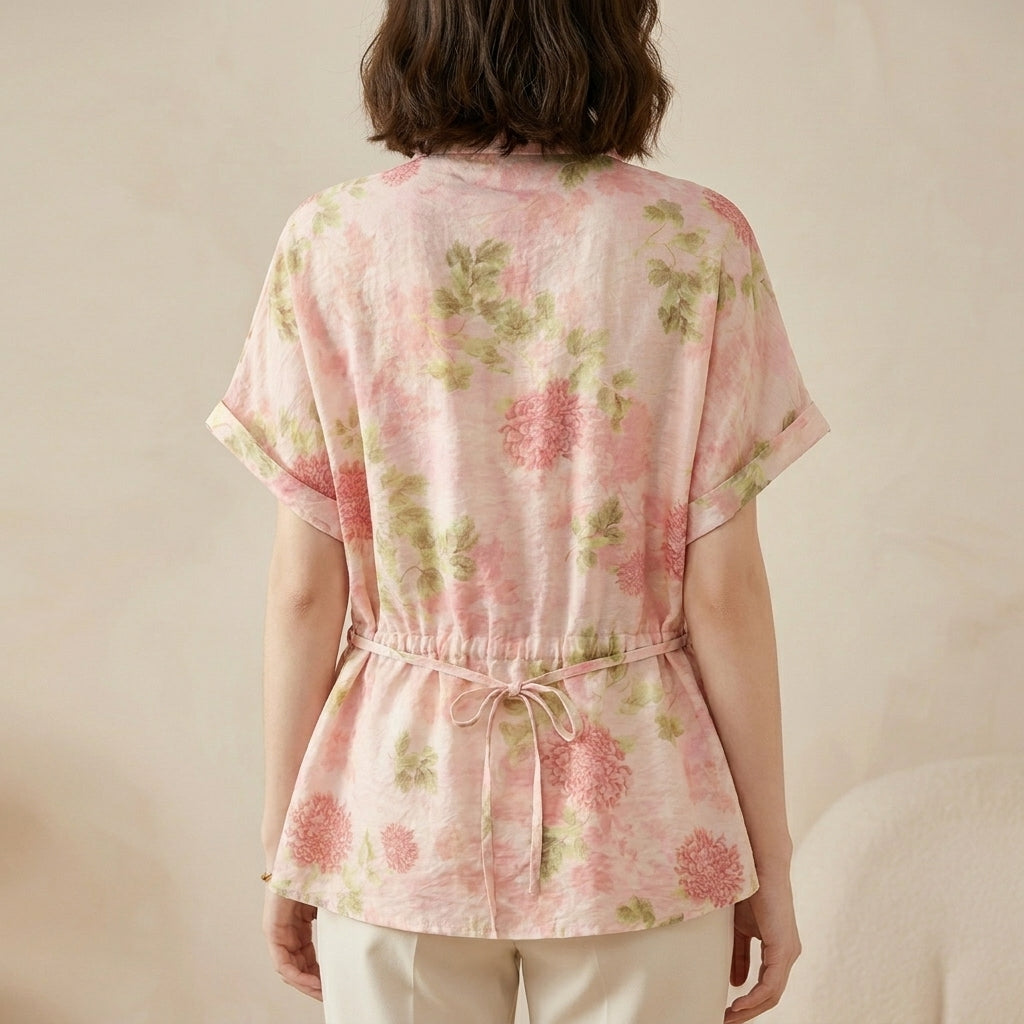 Botanical Floral Button Up Peplum Blouse for Effortless Summer Styling