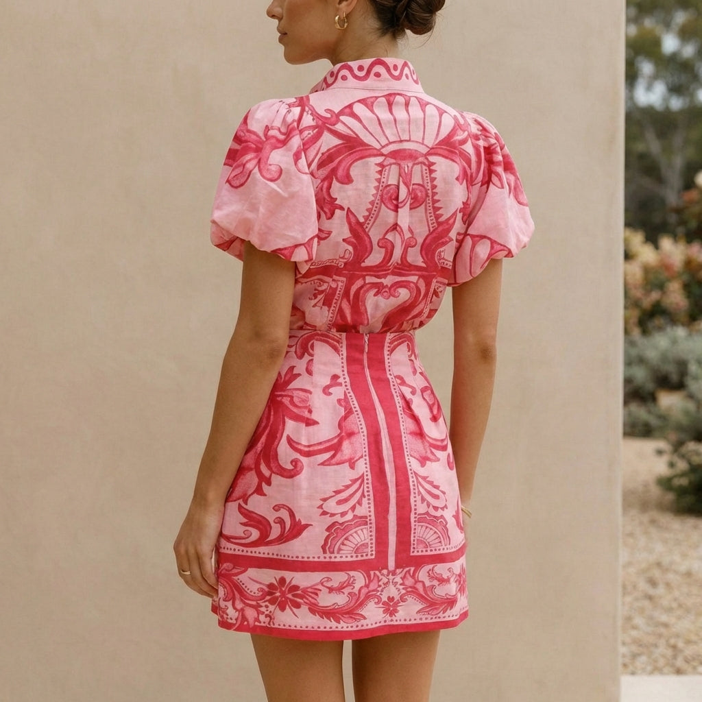 Puff Sleeve Mini Dress with Band Collar and A-Line Silhouette