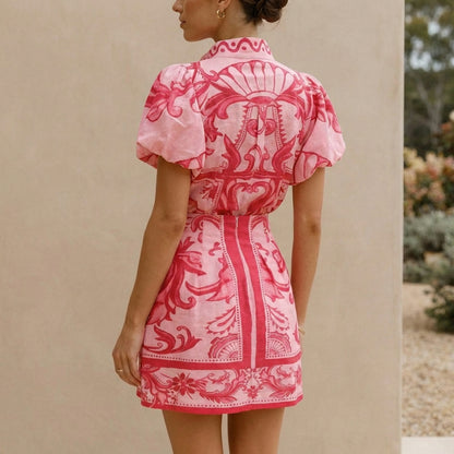 Puff Sleeve Mini Dress with Band Collar and A-Line Silhouette