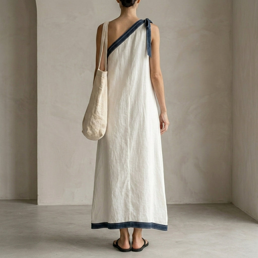 Effortless One-Shoulder Tie Detail Maxi Dress with Contrasting Trim