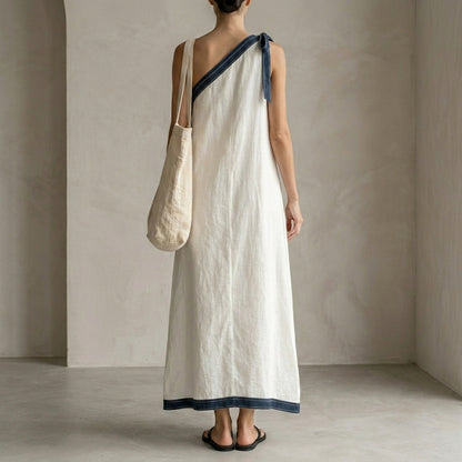 Effortless One-Shoulder Tie Detail Maxi Dress with Contrasting Trim