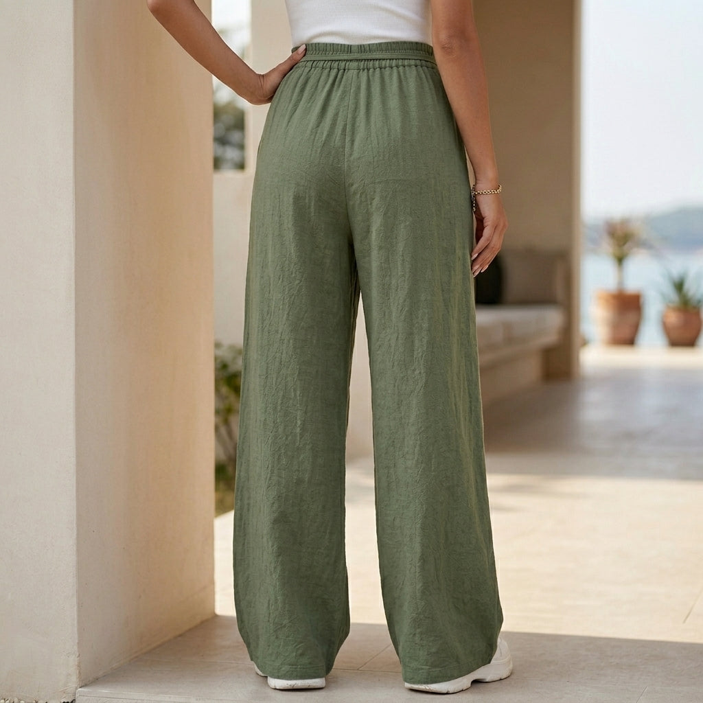 High-Rise Wide Leg Pants with Drawstring Waist and Soft Draping