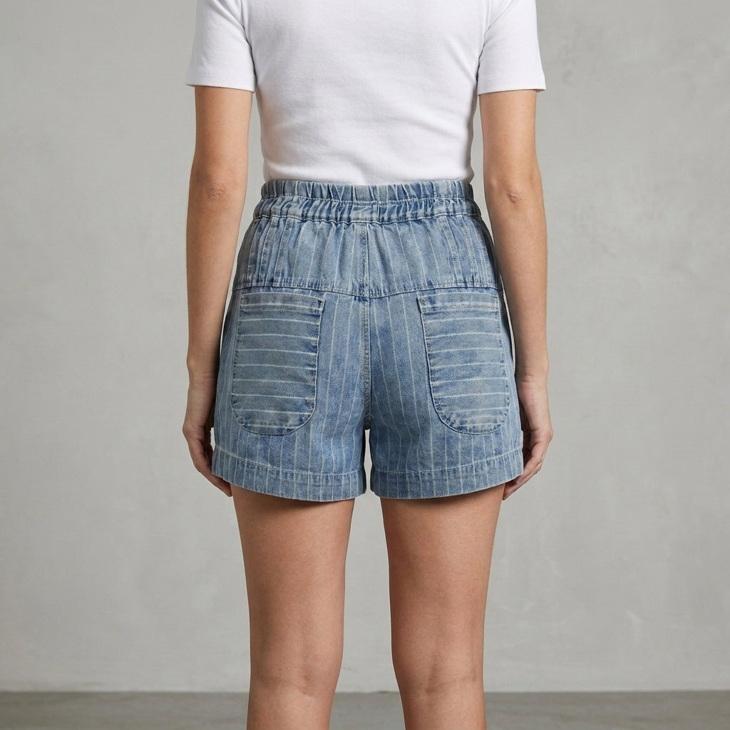 Vintage Stripe Denim Paperbag Shorts with Relaxed Fit