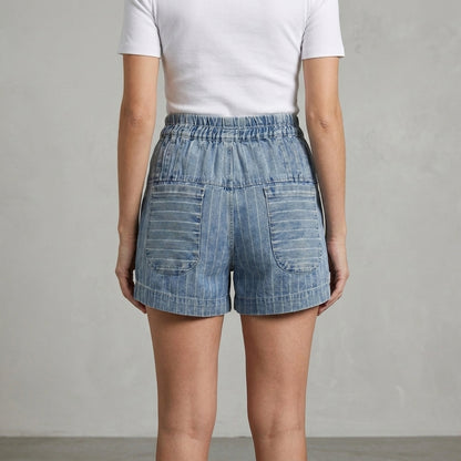 Vintage Stripe Denim Paperbag Shorts with Relaxed Fit