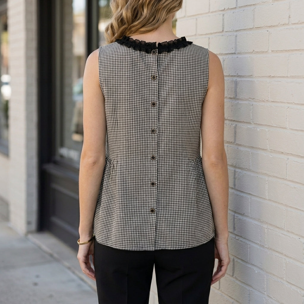 Checkered Peplum Blouse with Romantic Ribbon Tie Neck Detail