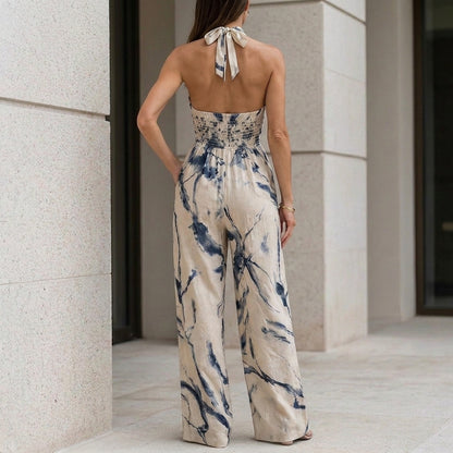 Coastal Bloom Halter Wide-Leg Resort Jumpsuit